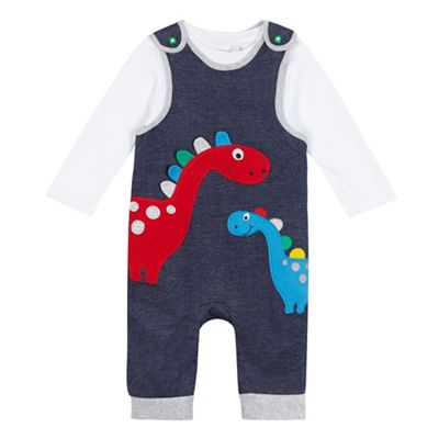 Baby boys' blue applique dinosaur dungaree set